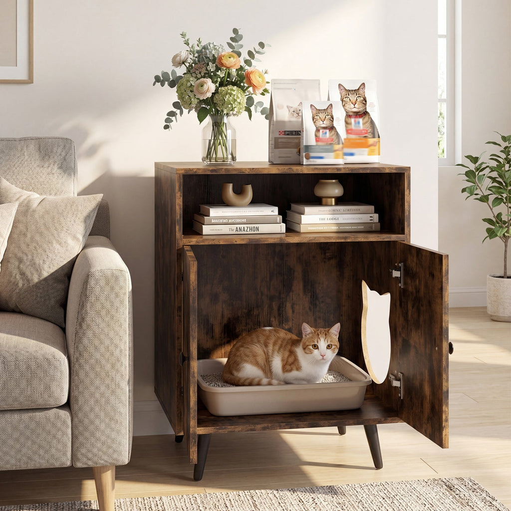 Industrial Cat Litter Box Enclosure with Entry and Open Compartment-Brown