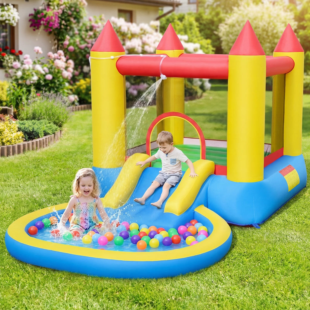 Inflatable Castle Bounce House with Water Slide, Ball Pool and 370W Blower