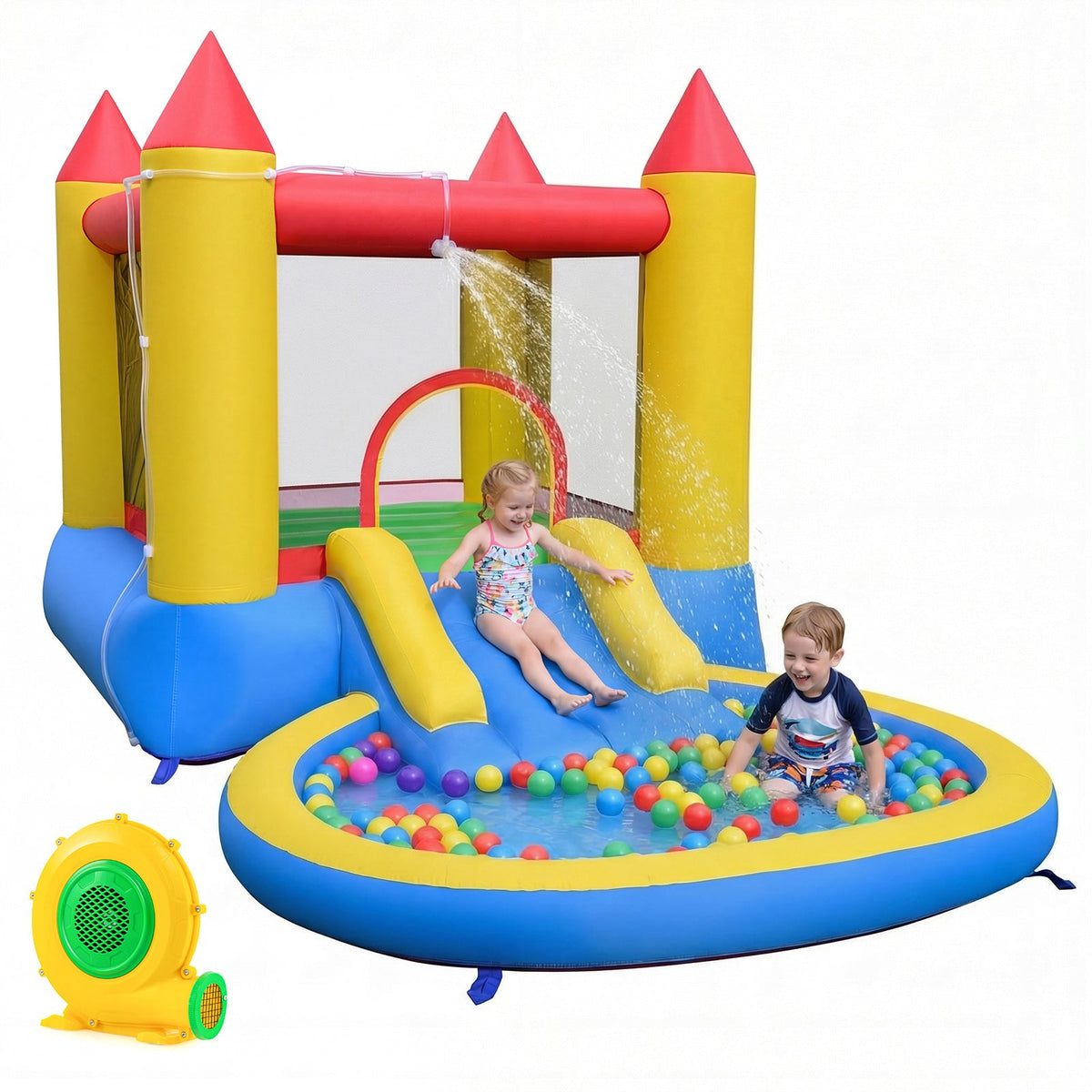 Inflatable Castle Bounce House with Water Slide, Ball Pool and 370W Blower