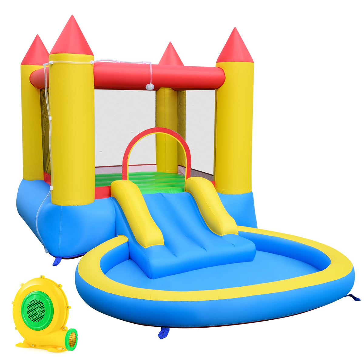 Inflatable Castle Bounce House with Water Slide, Ball Pool and 370W Blower