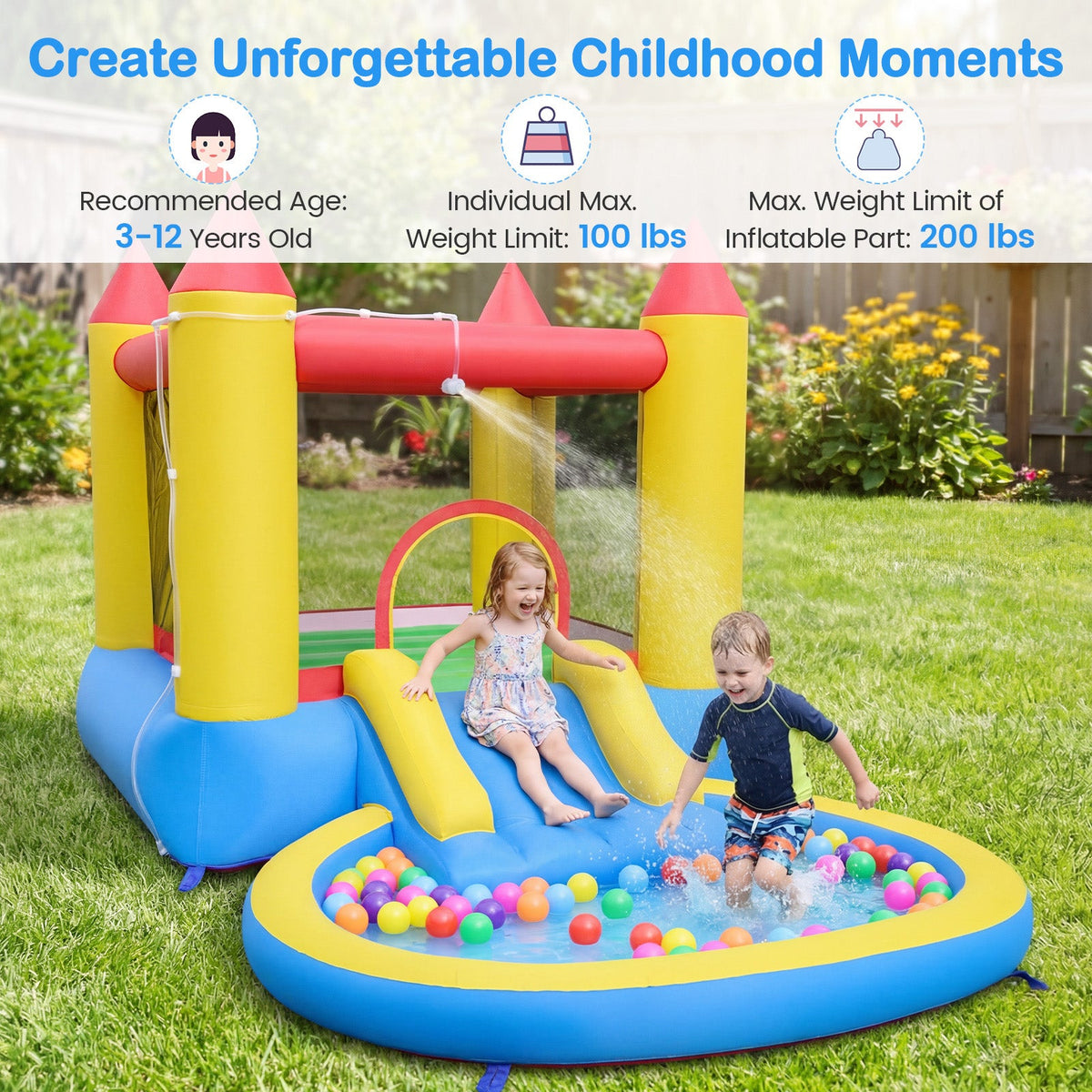 Inflatable Castle Bounce House with Water Slide, Ball Pool and 370W Blower