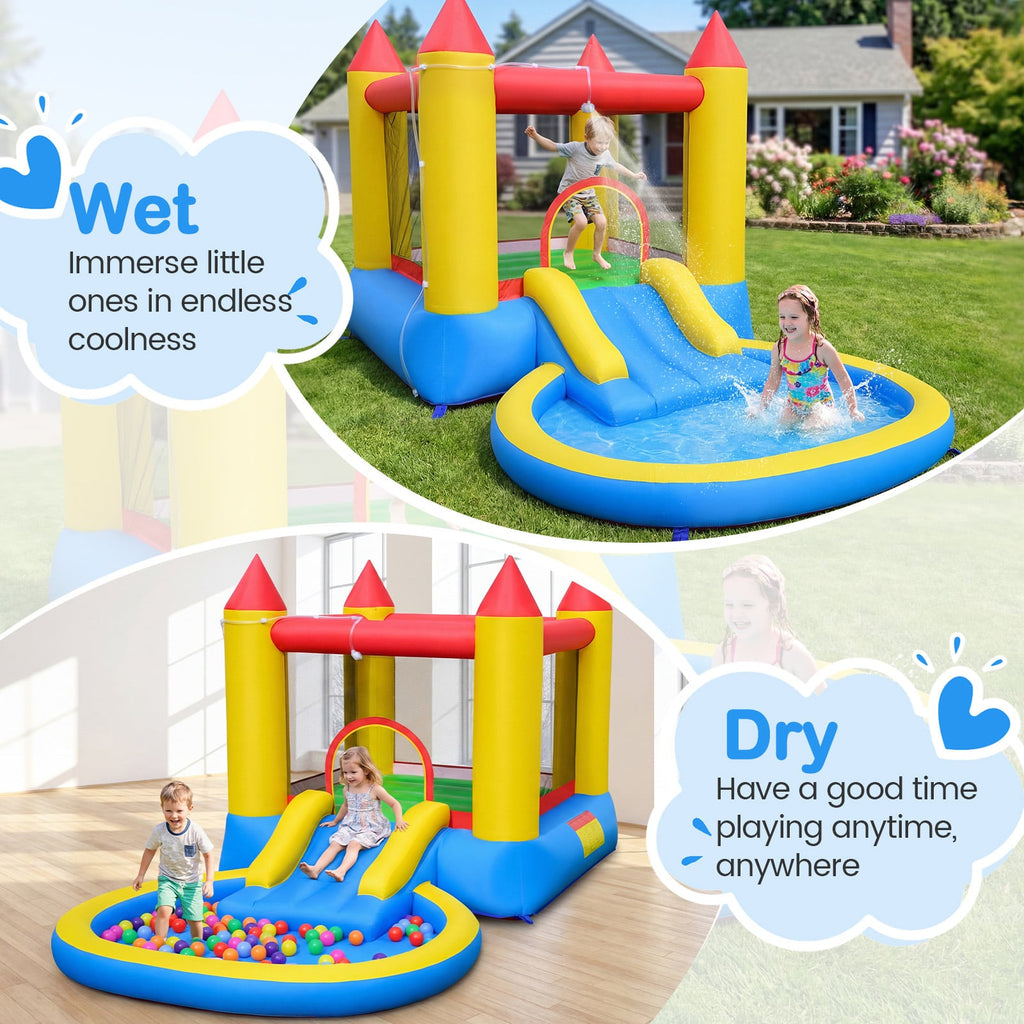 Inflatable Castle Bounce House with Water Slide, Ball Pool and 370W Blower