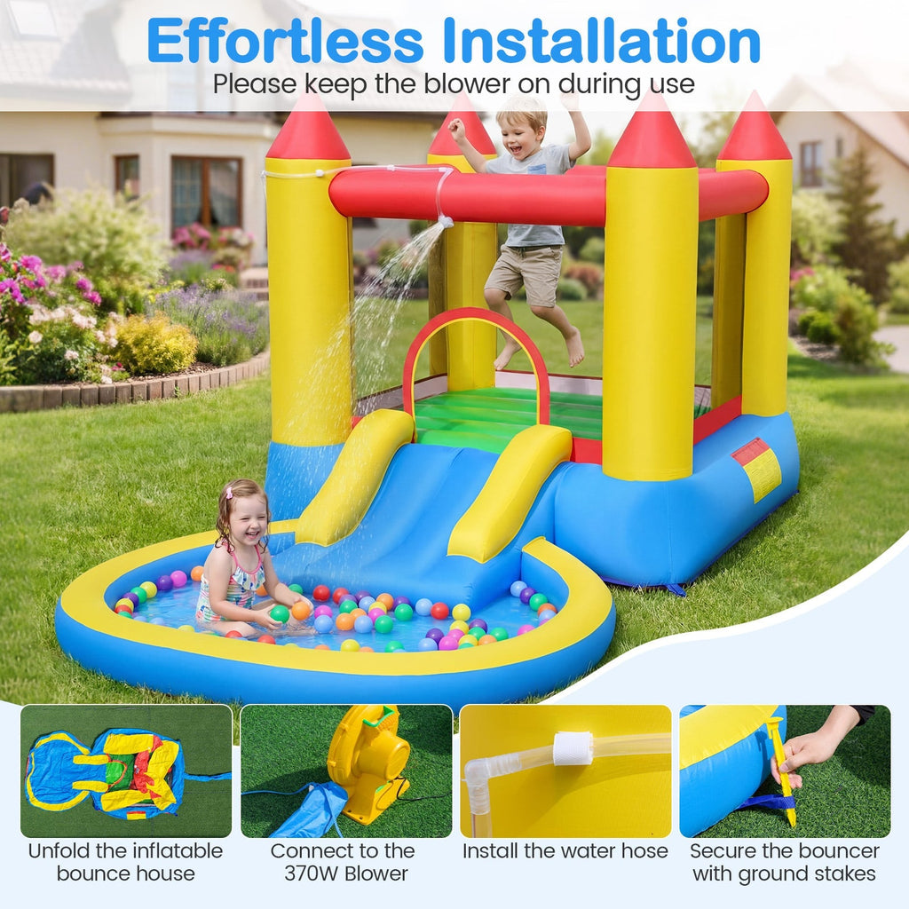 Inflatable Castle Bounce House with Water Slide, Ball Pool and 370W Blower