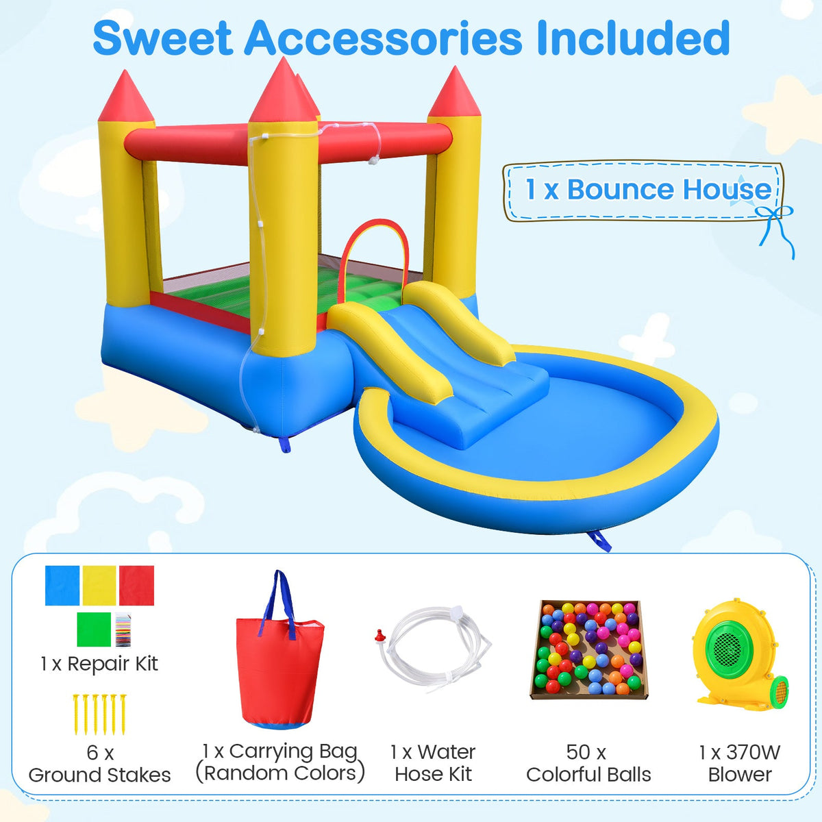 Inflatable Castle Bounce House with Water Slide, Ball Pool and 370W Blower