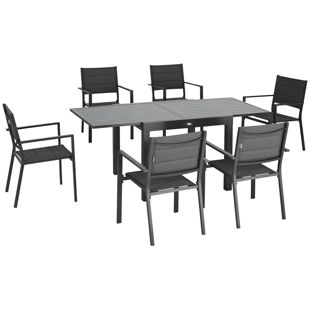 Patio Dining Set for 6, Aluminum Expandable Outdoor Table and 6 Stackable Chairs with Padded Back, Mesh Seat, Black