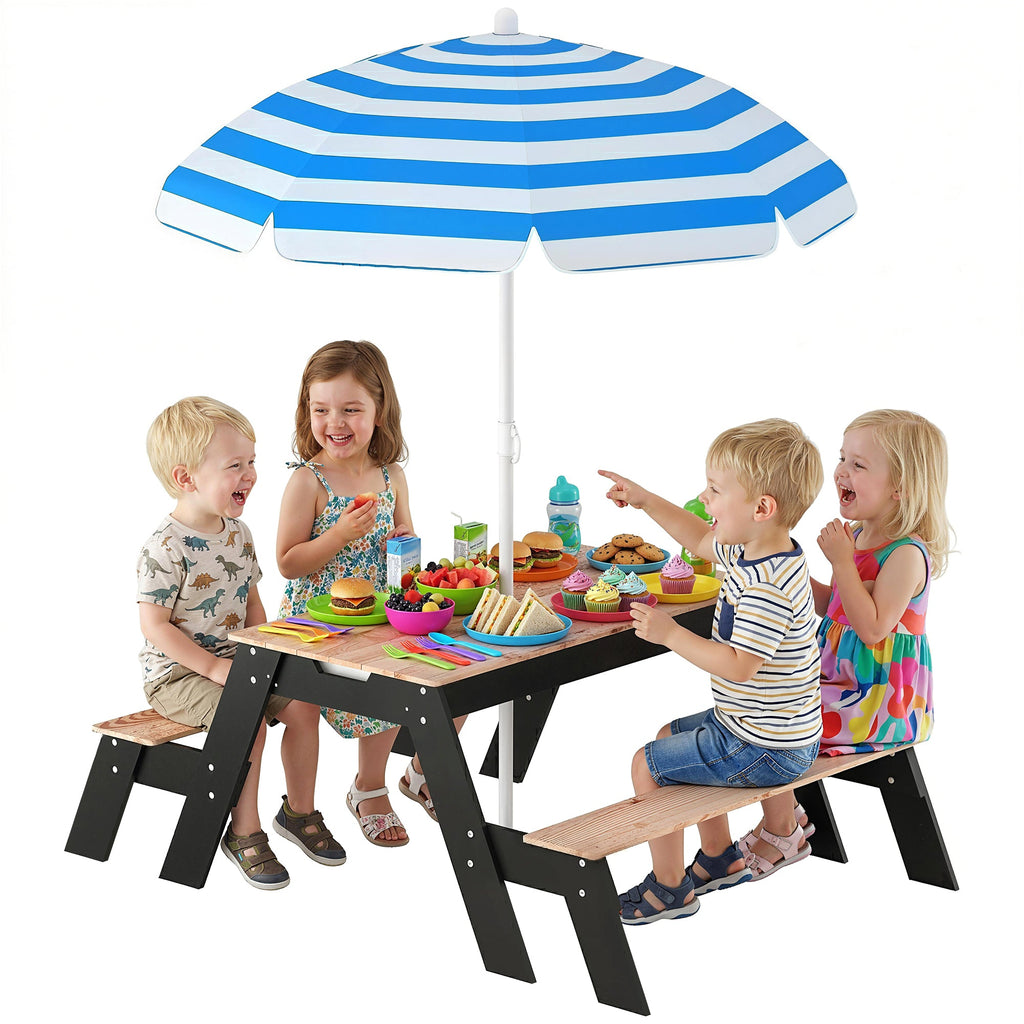 Kids Picnic Table with Umbrella, 3 in 1 Wooden Sand & Water Table with 2 Hidden Play Boxes for Patio, Ages 3-6