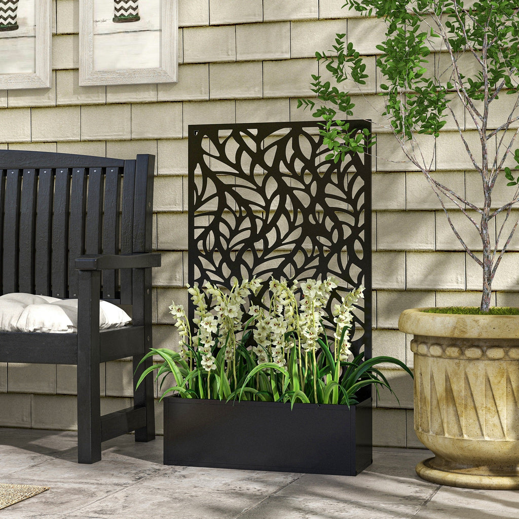 Metal Outdoor Privacy Screen with Raised Graden Bed, Privacy Panel and Planter Box, Wall-Mounted or Freestanding