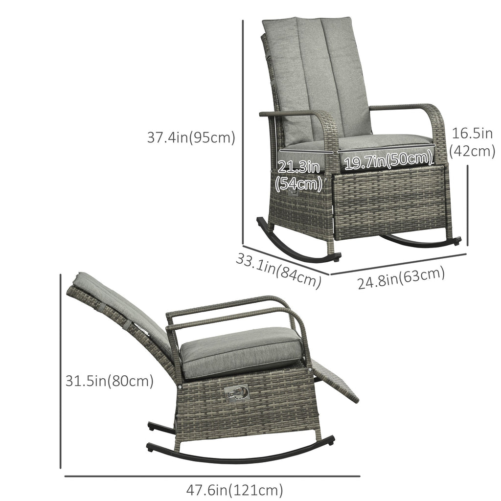 Outdoor Wicker Rocking Chair with Cushion, Patio PE Rattan Recliner Chair with Adjustable Footrest, Armrests, Dark Blue
