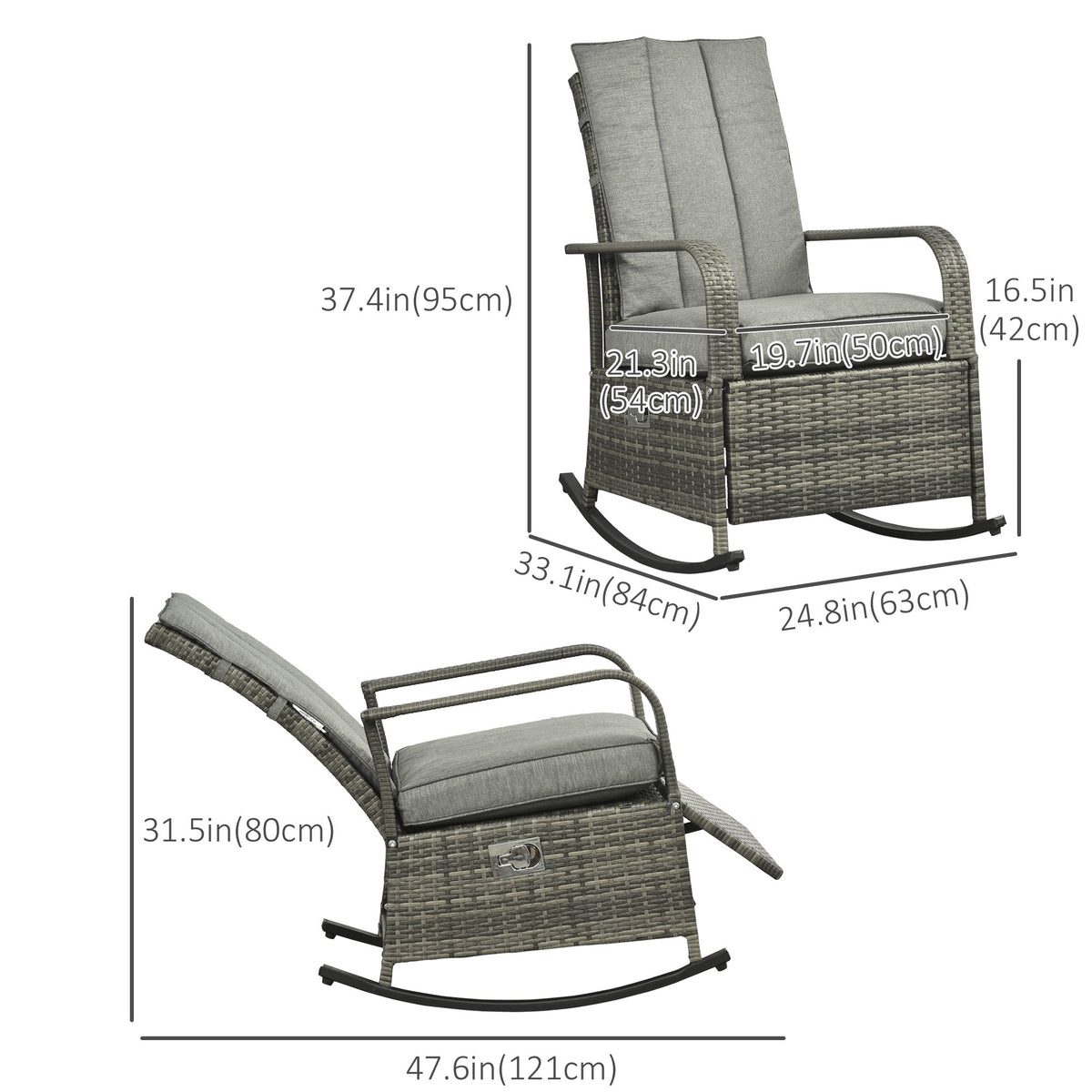 Outdoor Wicker Rocking Chair with Cushion, Patio PE Rattan Recliner Chair with Adjustable Footrest, Armrests, Dark Blue