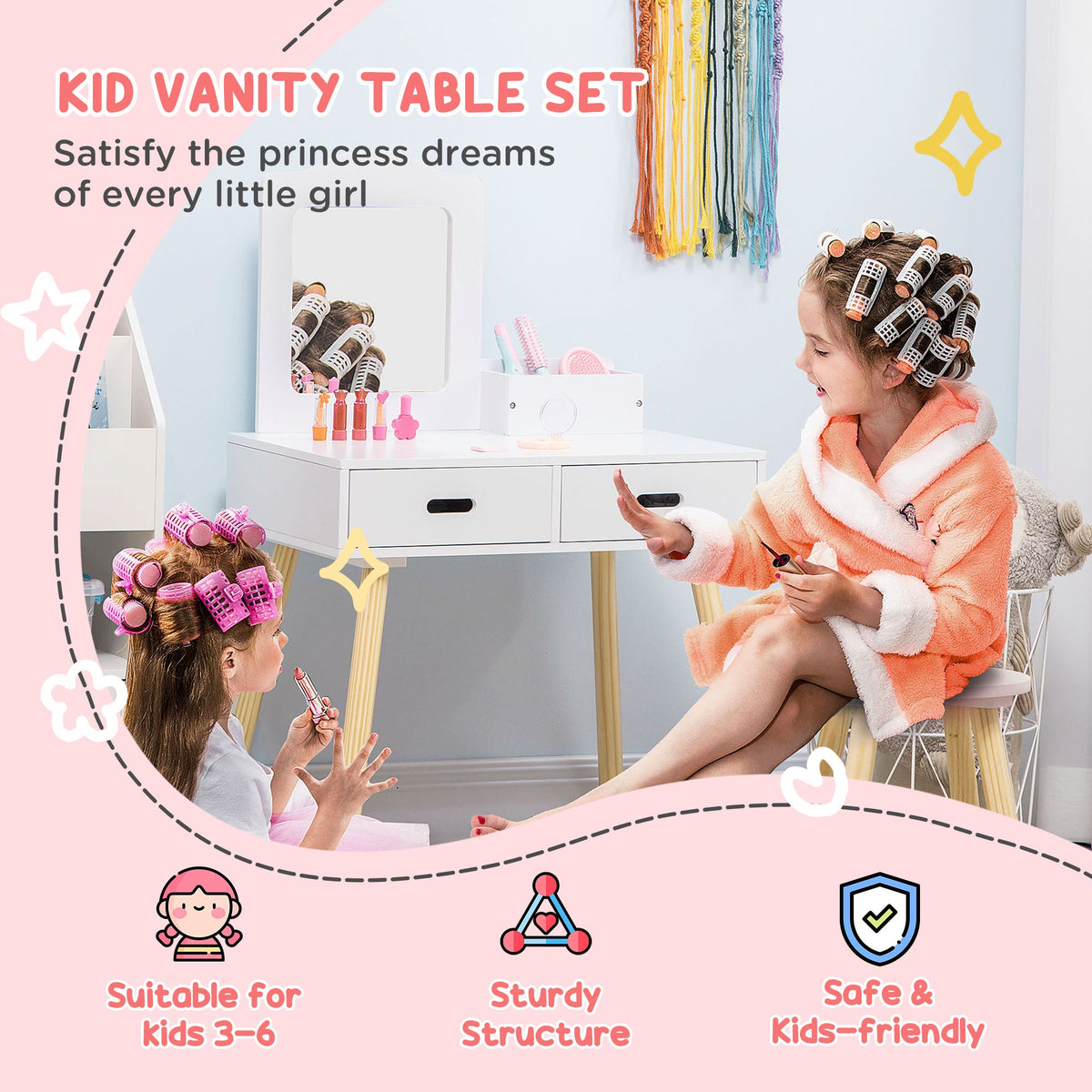 Kids Vanity Set with Mirror and Stool, Makeup Dressing Table with Drawers for Children Aged 3-6 Years, White