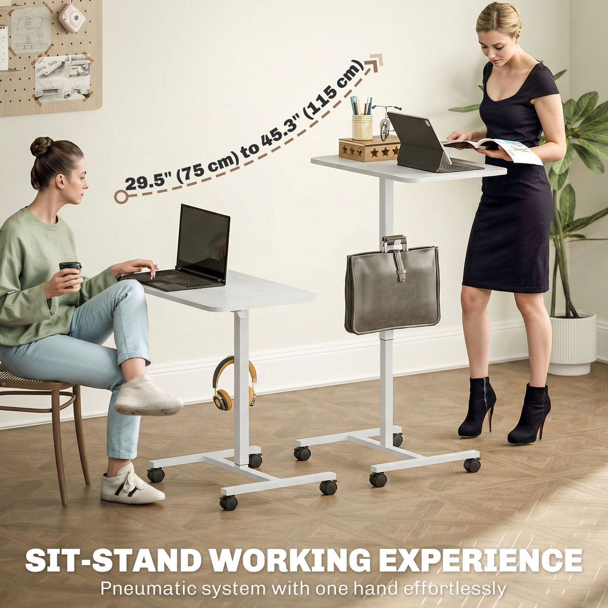 Height Adjustable Standing Desk, Pneumatic Sit Stand Desk with Wheels and Headphone Hook, Grey Wood Grain