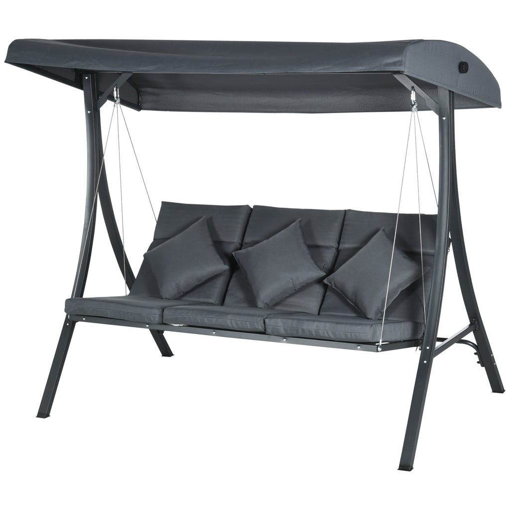 3-Person Patio Swing Chair, Outdoor Porch Swing Bench with Adjustable Canopy, Cushioned Seat, Dark Grey