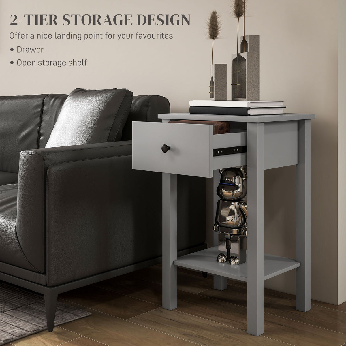 Side Table Set of 2, End Tables with Drawer and Bottom Shelf, 2-tier Nightstand for Bedroom, Living Room, Black