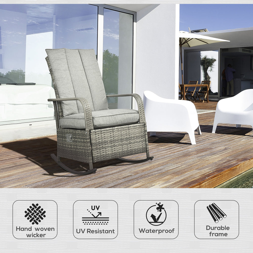 Outdoor Wicker Rocking Chair with Cushion, Patio PE Rattan Recliner Chair with Adjustable Footrest, Armrests, Dark Blue