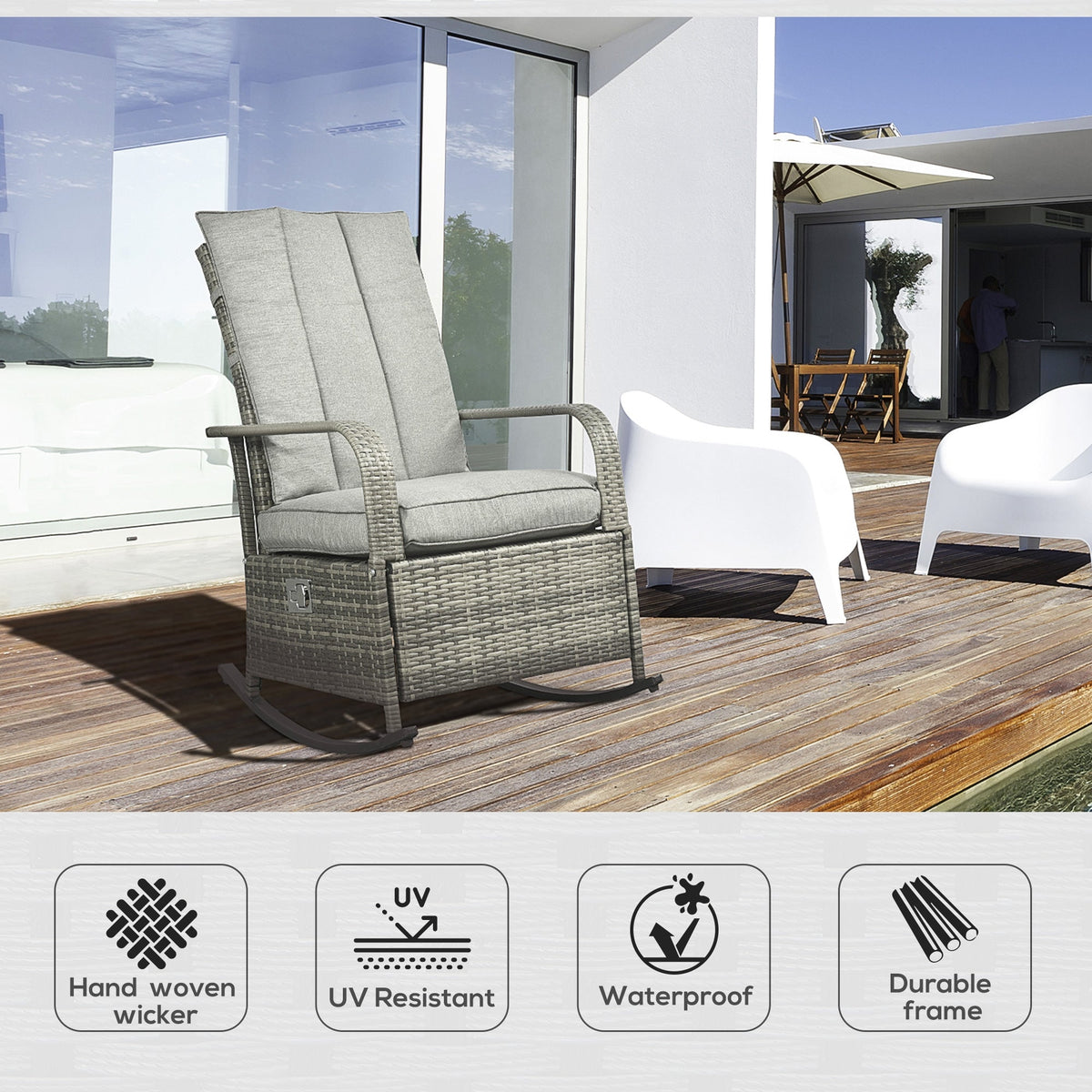 Outdoor Wicker Rocking Chair with Cushion, Patio PE Rattan Recliner Chair with Adjustable Footrest, Armrests, Dark Blue