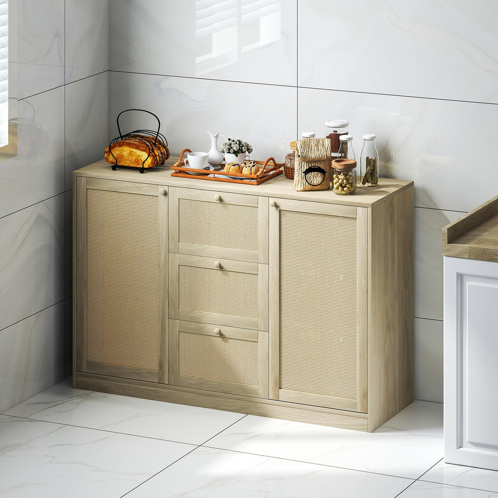 Boho Sideboard Buffet Cabinet, Kitchen Coffee Bar Cabinet with 3 Drawers, 2 Adjustable Shelves and 4 Racks, Natural