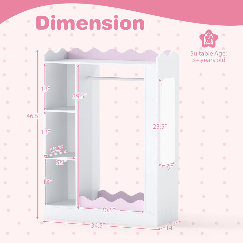 Kids Dress Up Storage with Mirrors and Hanging Rack and Shelves for Bedroom-Red