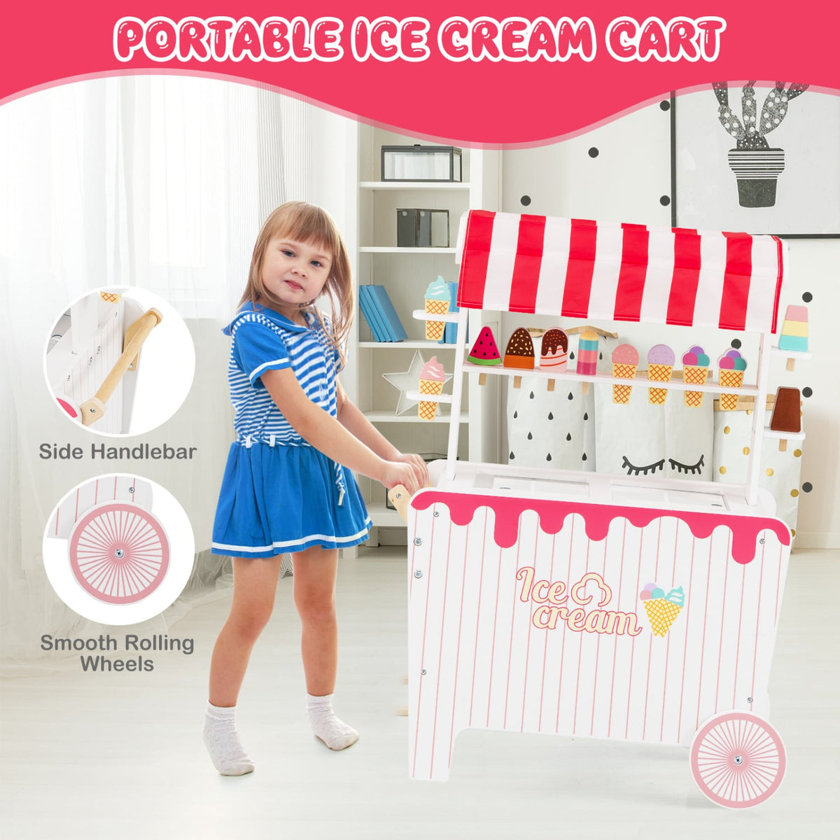 Kids Ice Cream Cart Playset with Display Rack and Accessories-Red