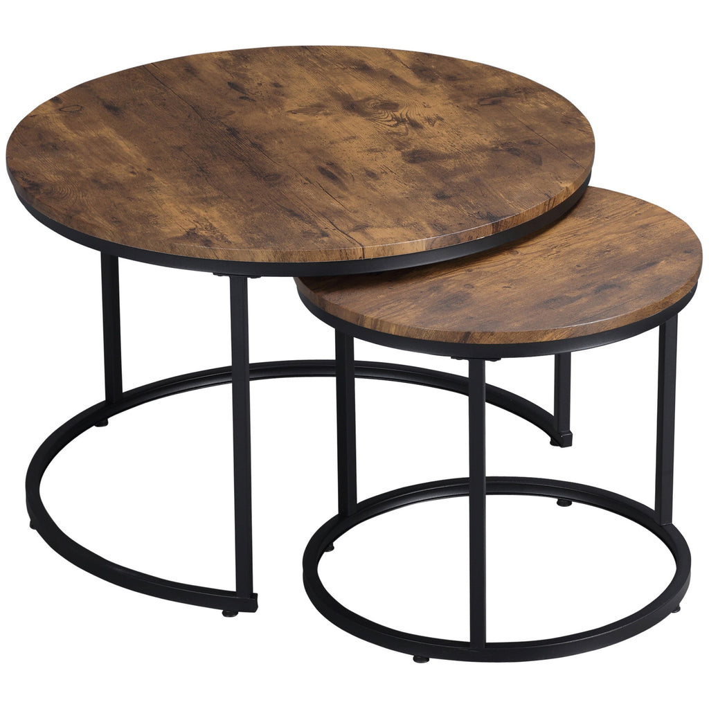 Nesting Tables, 29" Round Coffee Table Set of 2, Modern Side Tables for Living Room with Metal Base, Rustic Brown