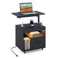 LED Nightstand with Power Outlets Modern Bedside Table with Flip over-Black