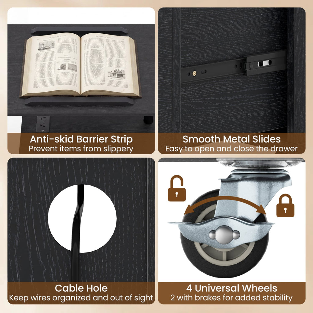 LED Nightstand with Power Outlets Modern Bedside Table with Flip over-Black