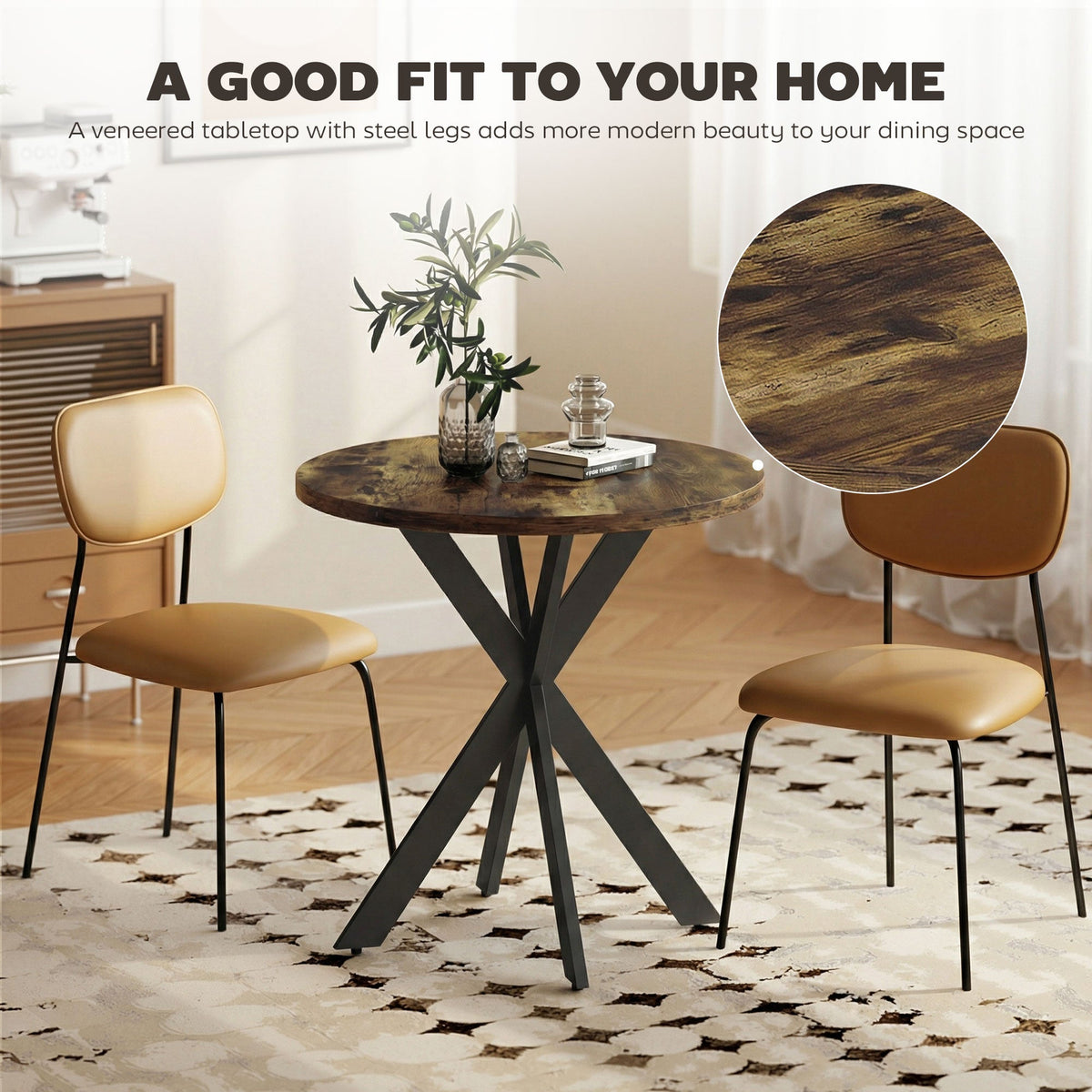 29" Dining Table, Contemporary Round Kitchen Table with Steel Legs, Rustic Brown