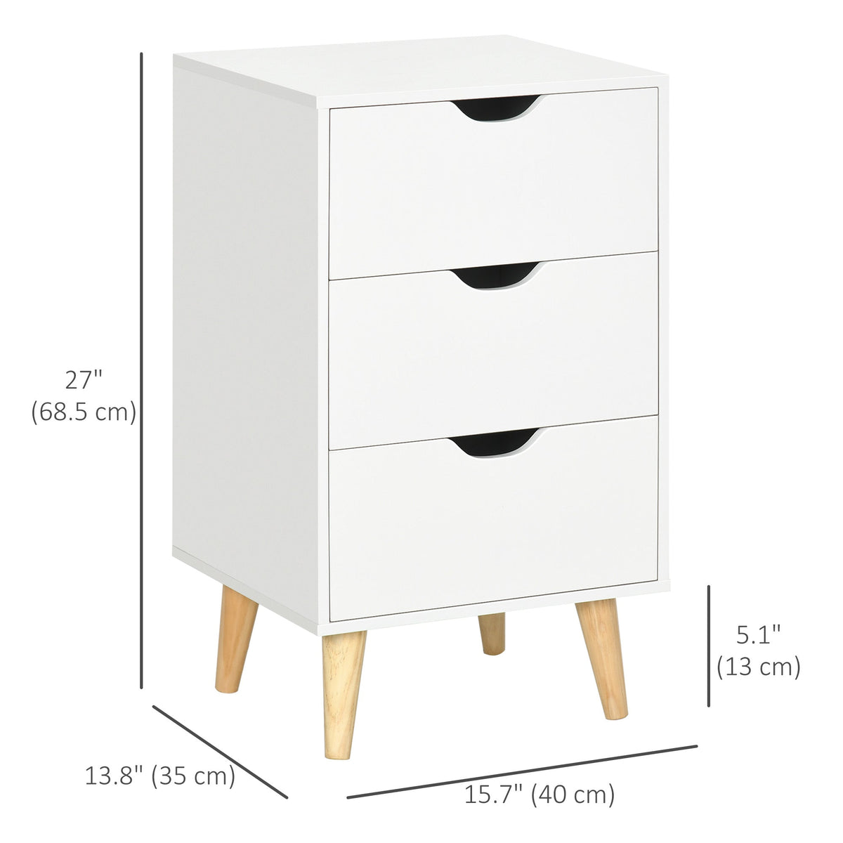 Bedside Table, Modern Nightstand with 3 Drawers, Side End Table with Wood Legs for Living Room, Bedroom, White