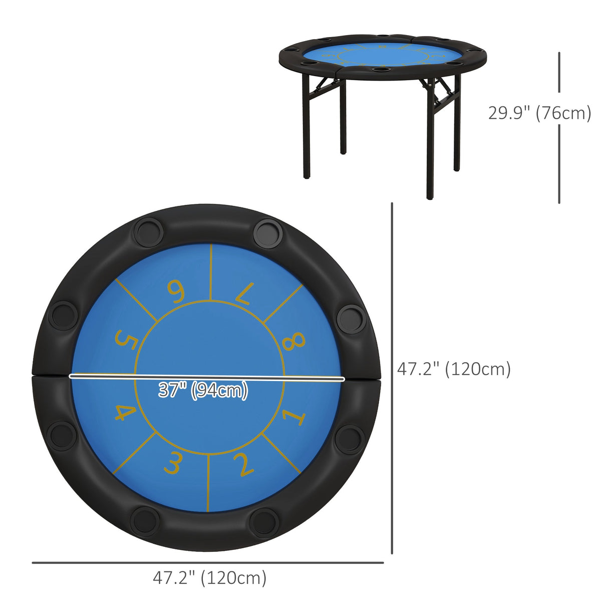 Foldable Poker Table Blackjack Texas Holdem Poker Game Table with Cup Holders, 47" Round, Black