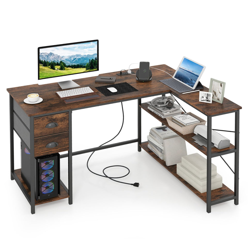 L Shaped Desk with Charging Station Corner Computer Desk with 2 Fabric Drawers-Rustic Brown