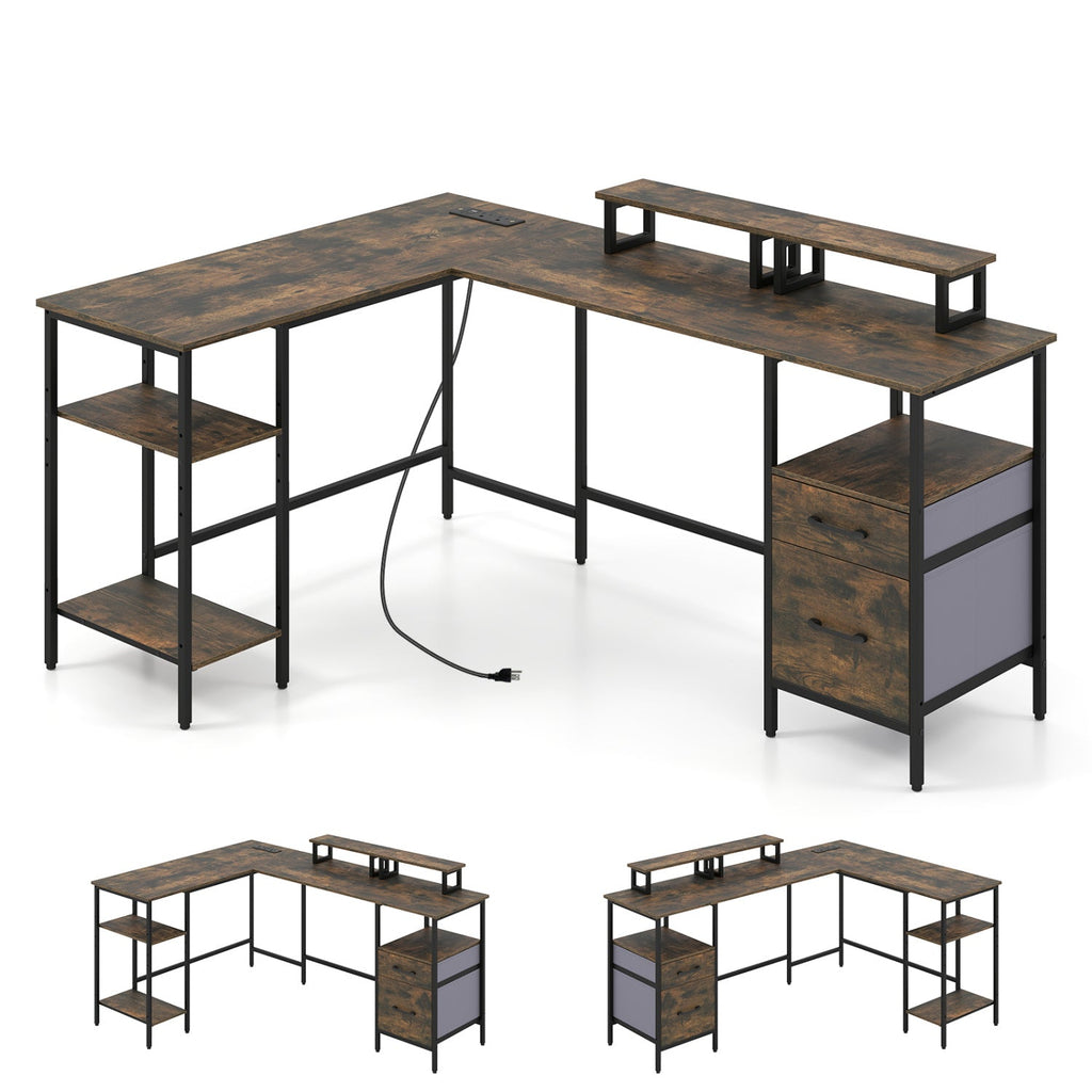 L Shaped Desk with Power Outlet Reversible Computer Desk with Monitor Stands-Rustic Brown