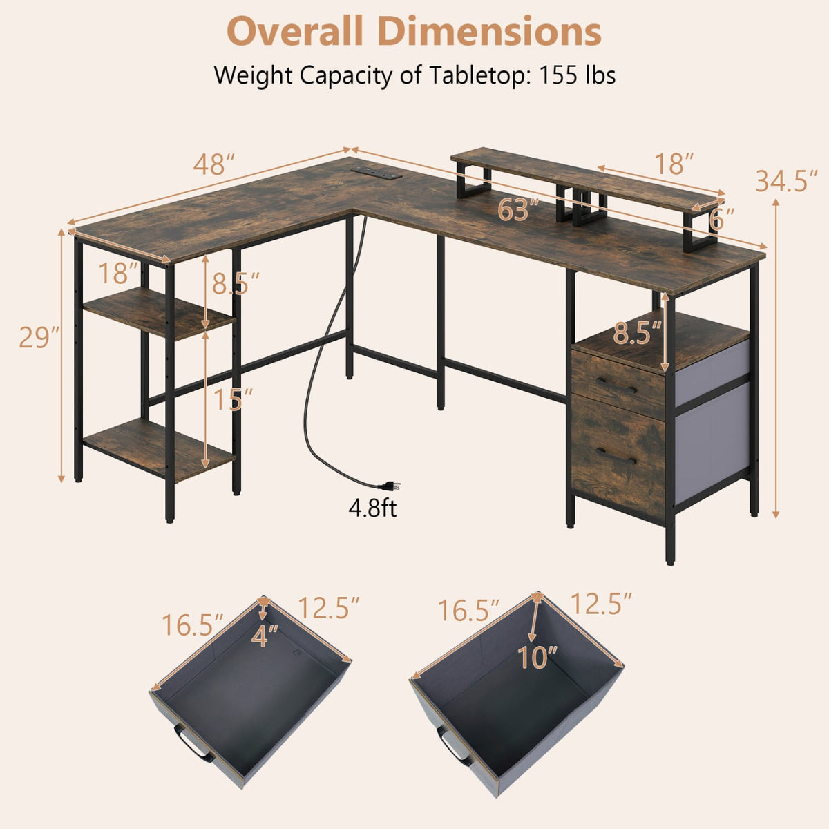 L Shaped Desk with Power Outlet Reversible Computer Desk with Monitor Stands-Rustic Brown