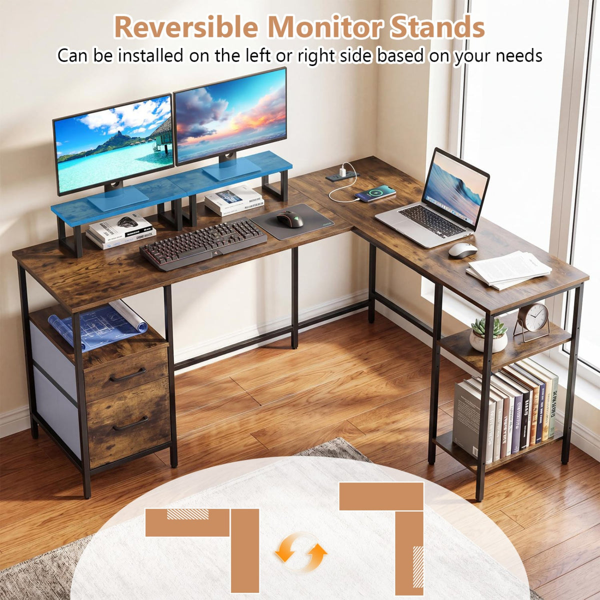 L Shaped Desk with Power Outlet Reversible Computer Desk with Monitor Stands-Rustic Brown