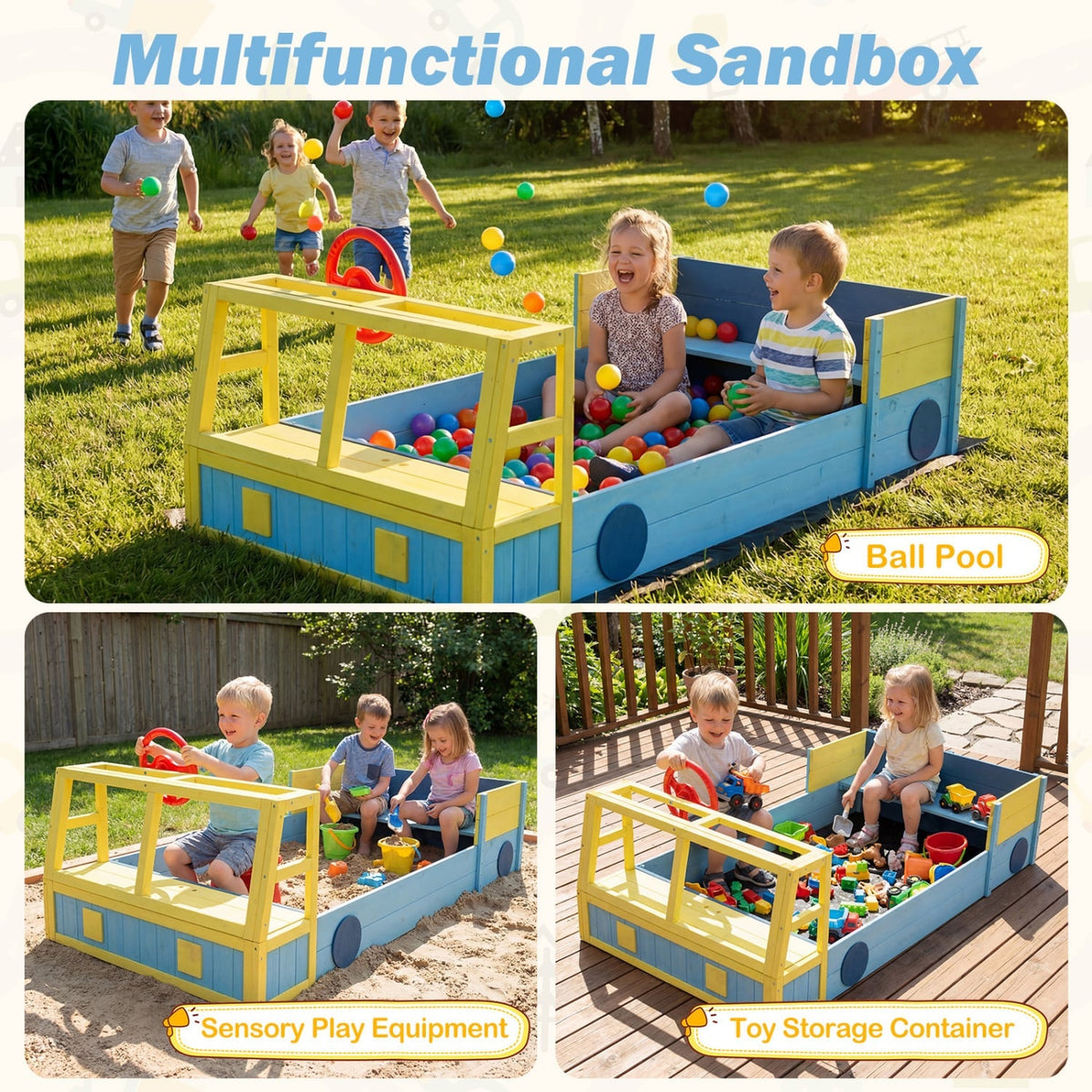 Large Car-Theme Sand Box with Bottom Liner and Fir Wood Frame-Blue