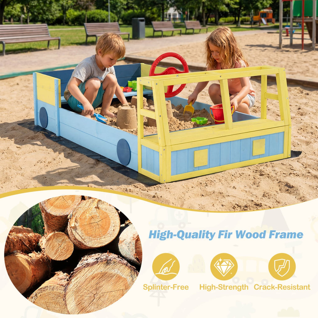 Large Car-Theme Sand Box with Bottom Liner and Fir Wood Frame-Blue