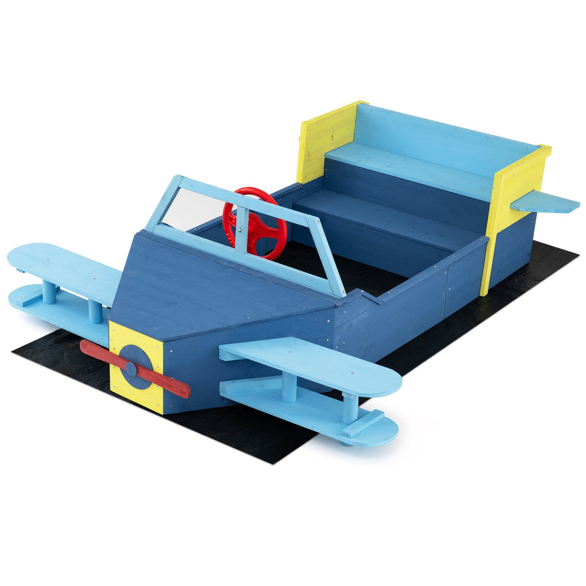 Large Wooden Kids Sandbox with Bottom Liner and Bench Seat-Blue