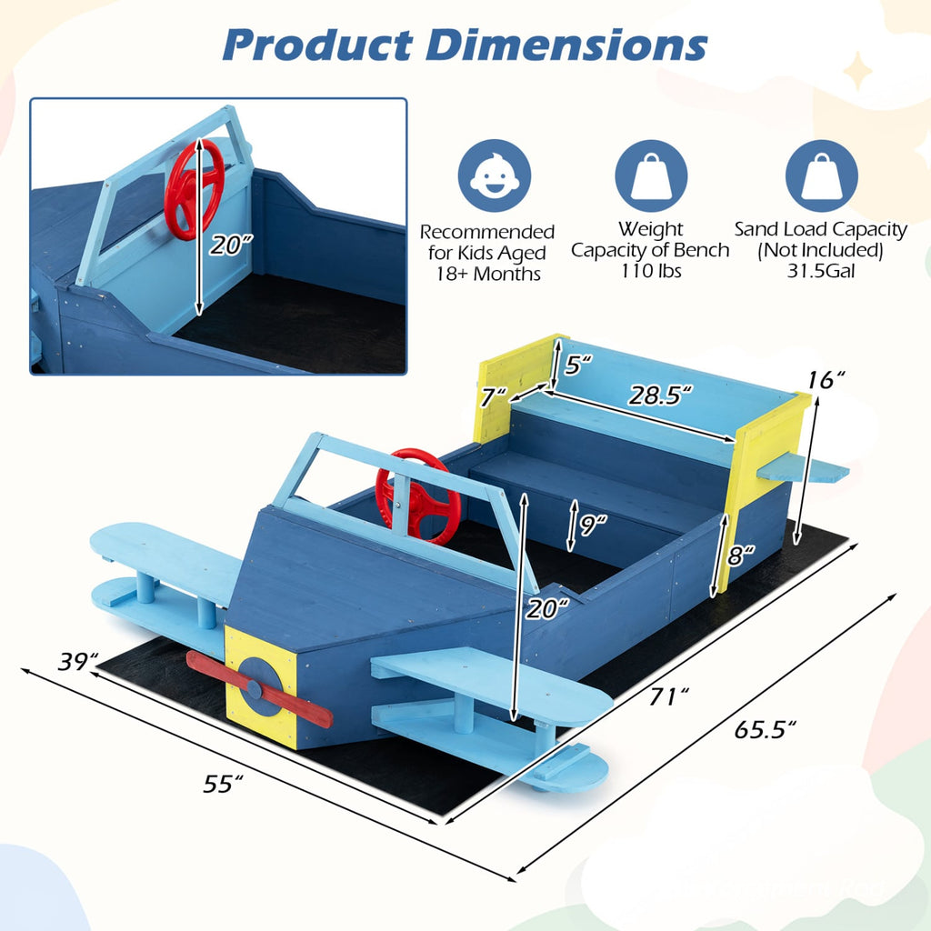 Large Wooden Kids Sandbox with Bottom Liner and Bench Seat-Blue