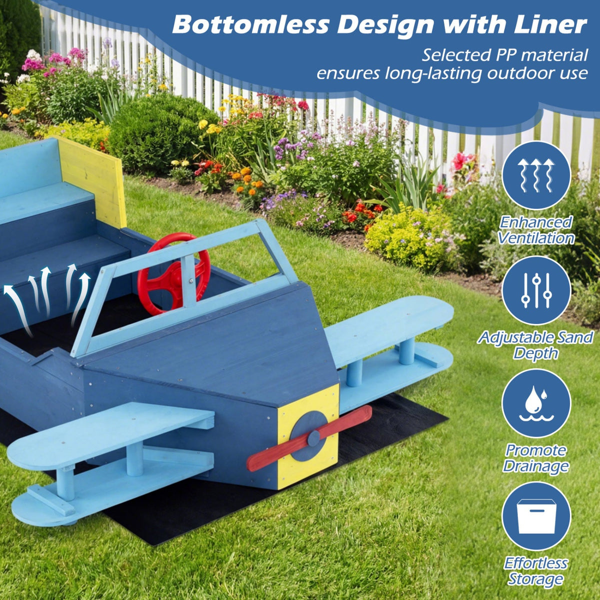 Large Wooden Kids Sandbox with Bottom Liner and Bench Seat-Blue
