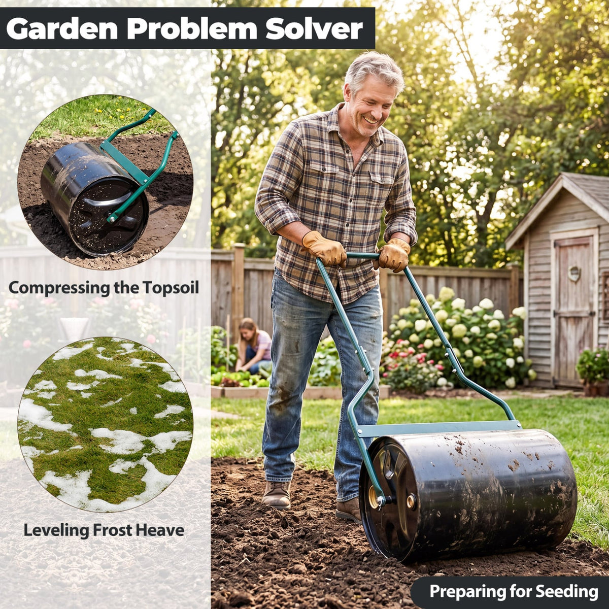 Lawn Roller 12 Gallon Water/Sand Filled Garden Drum Roller with U-shape Handle