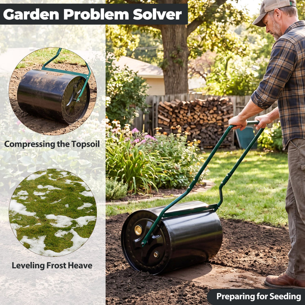 Lawn Roller 16 Gallon Water/Sand Filled Garden Drum Roller with Leak-proof Inlet