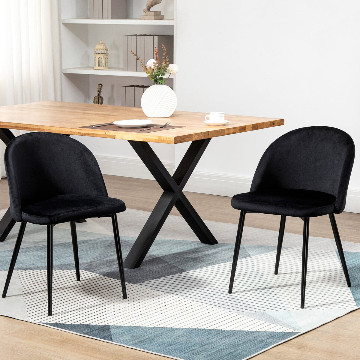 Set of 2 Mid-Back Dining Chair, Mid-Back Velvet-touch Upholstery Kitchen Chair for Living Room Dining Room, Black