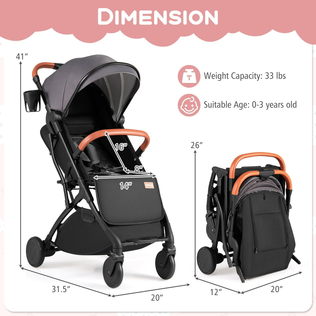 Lightweight Baby Stroller Compact Travel Stroller with One-Hand Folding-Gray