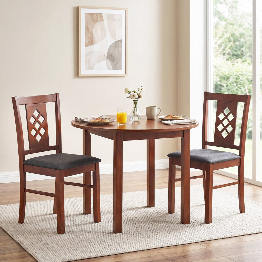 Set of 2 Diamond Lattice Back Dining Chairs, Cherry Rubber Wood with Grey Linen Look Seat