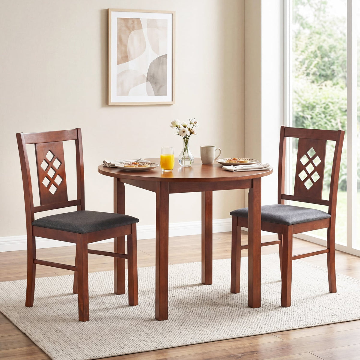 Set of 2 Diamond Lattice Back Dining Chairs, Cherry Rubber Wood with Grey Linen Look Seat