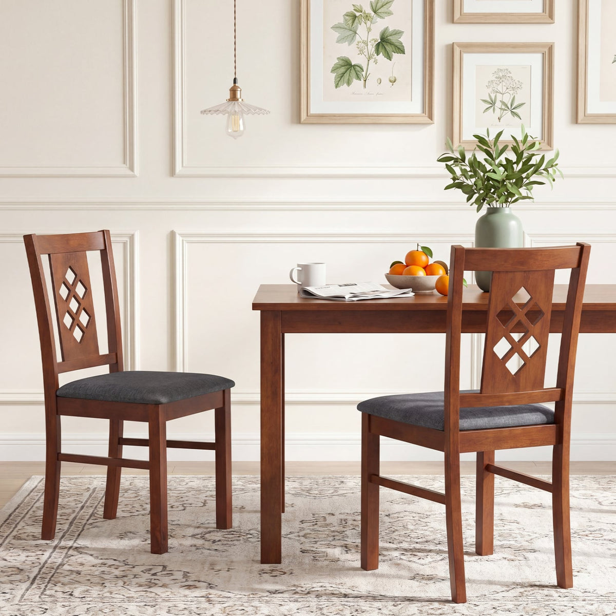 Set of 2 Diamond Lattice Back Dining Chairs, Cherry Rubber Wood with Grey Linen Look Seat