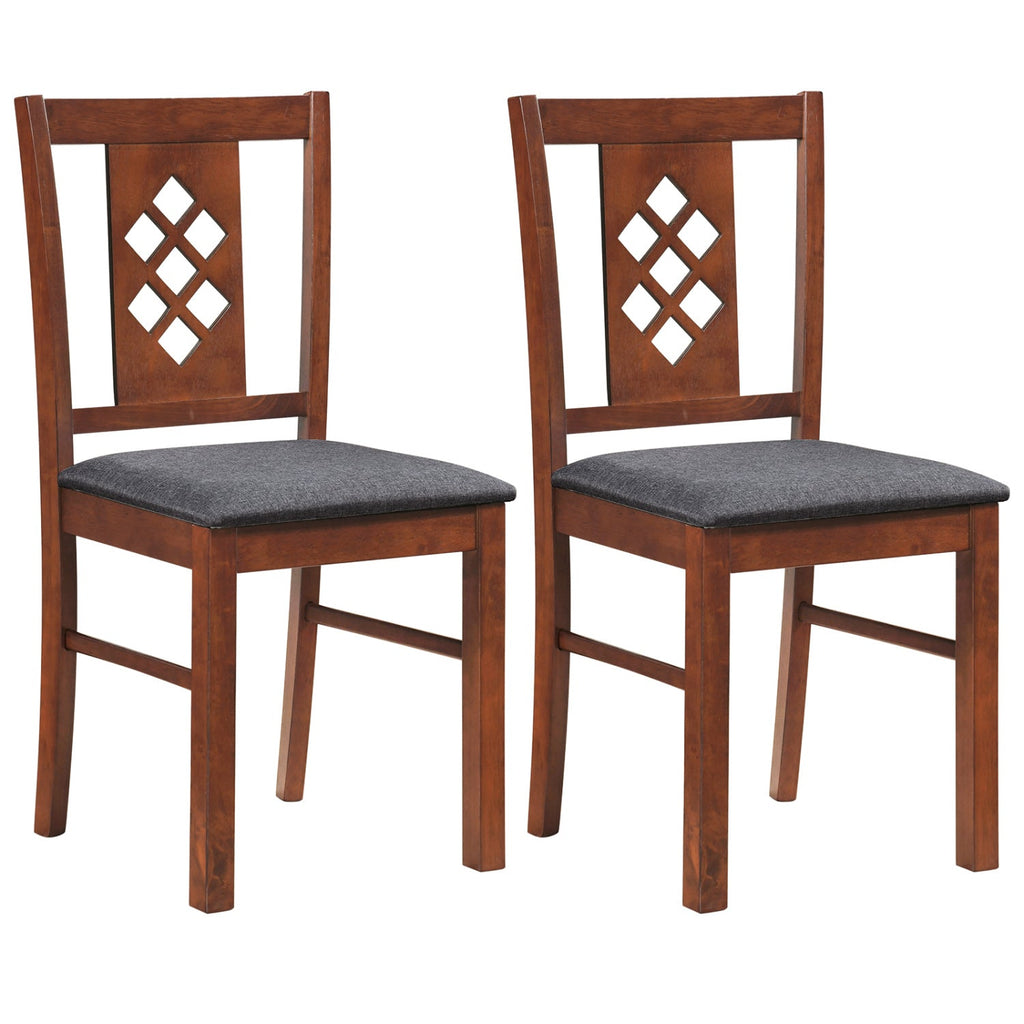 Set of 2 Diamond Lattice Back Dining Chairs, Cherry Rubber Wood with Grey Linen Look Seat