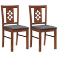 Set of 2 Diamond Lattice Back Dining Chairs, Cherry Rubber Wood with Grey Linen Look Seat