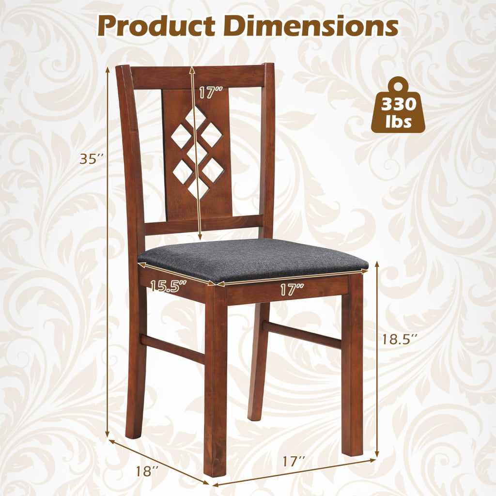 Set of 2 Diamond Lattice Back Dining Chairs, Cherry Rubber Wood with Grey Linen Look Seat