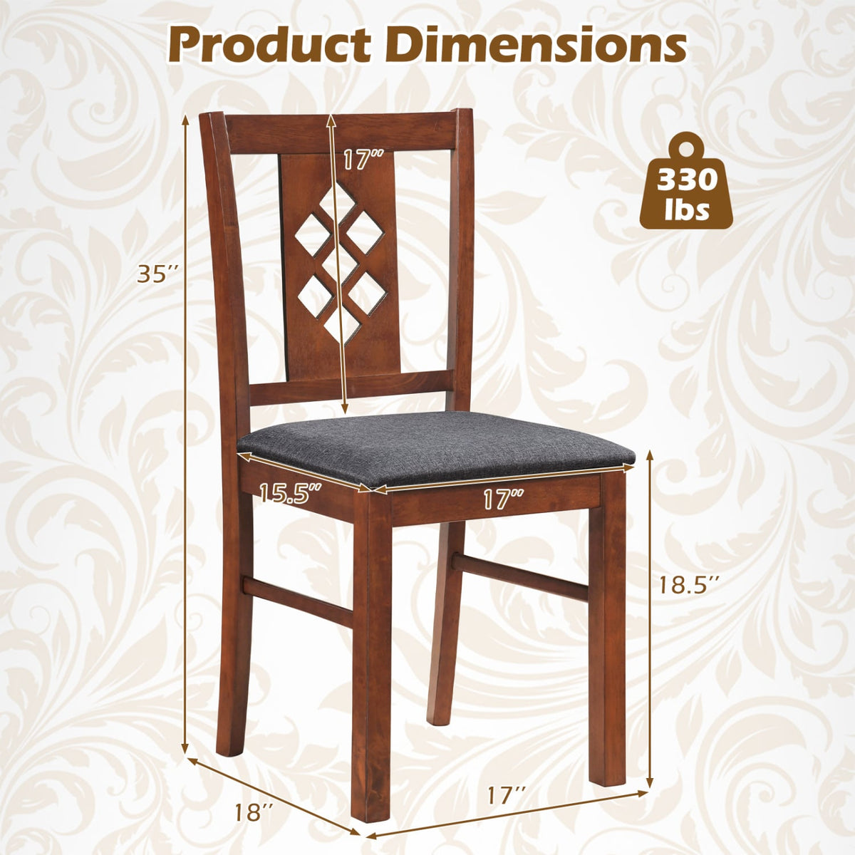 Set of 2 Diamond Lattice Back Dining Chairs, Cherry Rubber Wood with Grey Linen Look Seat