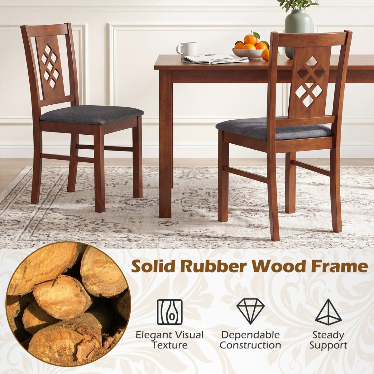 Set of 2 Diamond Lattice Back Dining Chairs, Cherry Rubber Wood with Grey Linen Look Seat