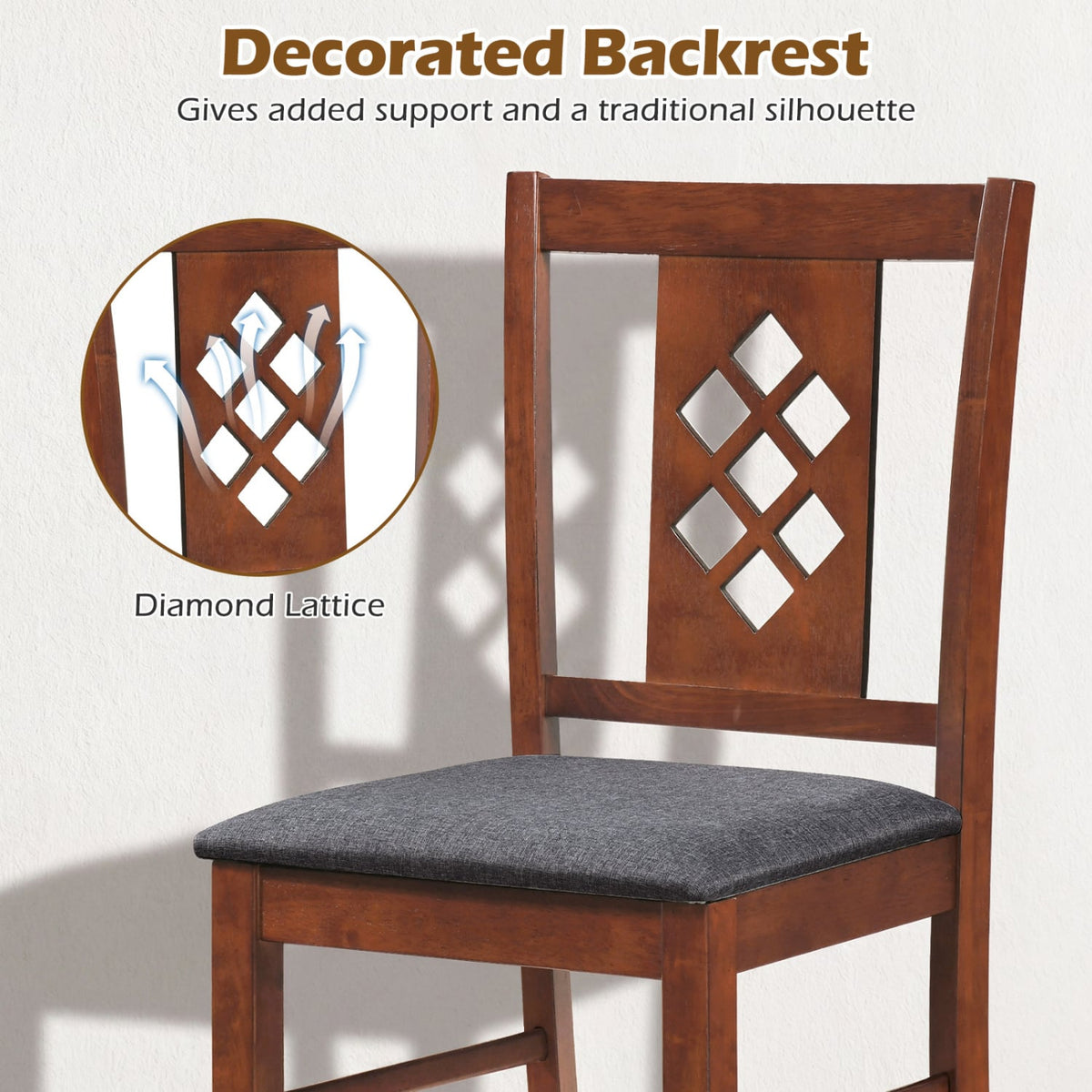 Set of 2 Diamond Lattice Back Dining Chairs, Cherry Rubber Wood with Grey Linen Look Seat